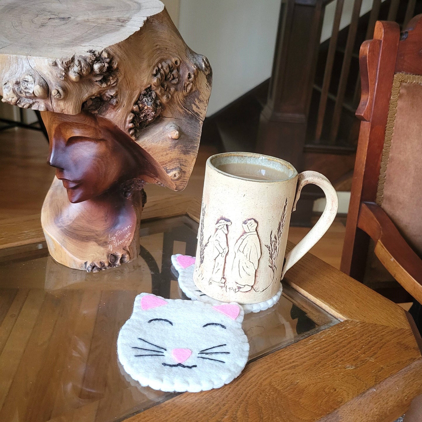 White Kitty Cat Felted Wool Drink Coaster