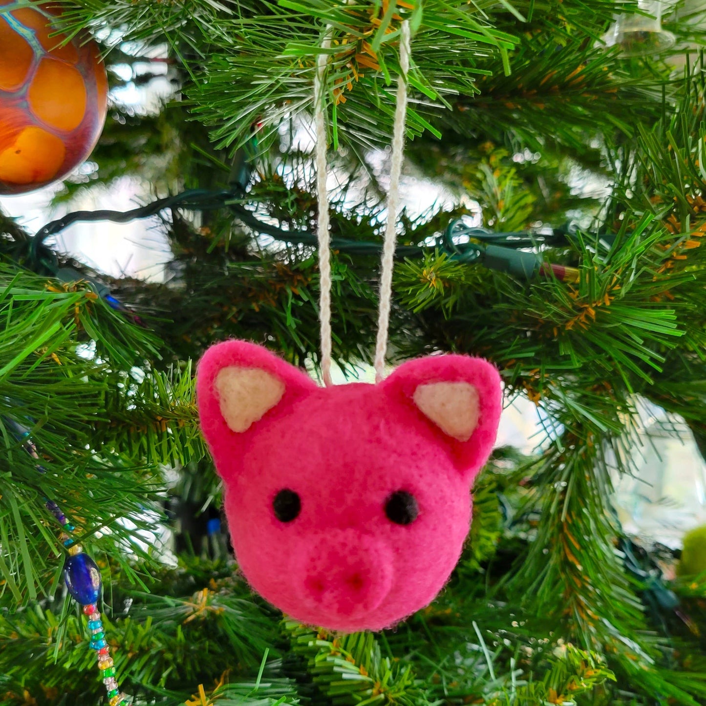 Pig Felted Wool Ball Ornament