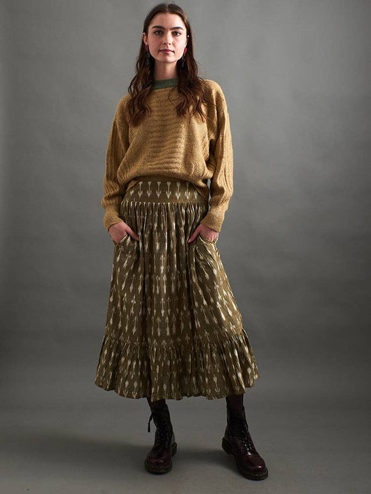 Mila Olive Ikat Midi Skirt