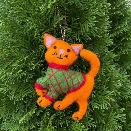 Orange Cat in Sweater Felt Wool Christmas Ornament