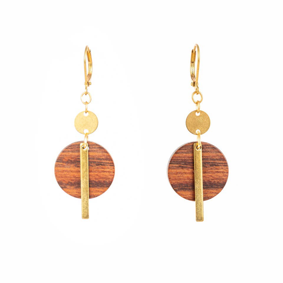 Wood Disc & Brass Bar Earring