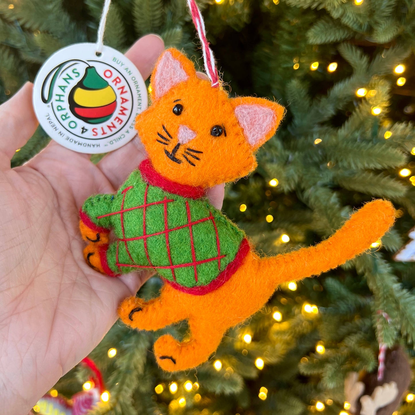 Orange Cat in Sweater Felt Wool Christmas Ornament