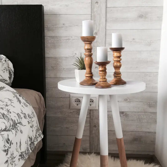 Artisan Handcarved Wooden Candle Holder Set