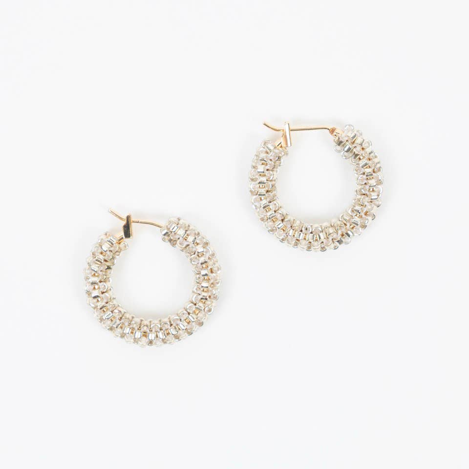 Silver Delica Small Beaded Hoop Earrings