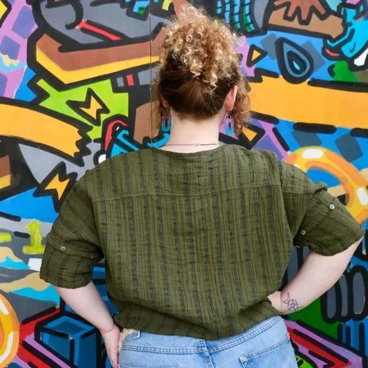 Olive Gauzy Stripe Safari Top