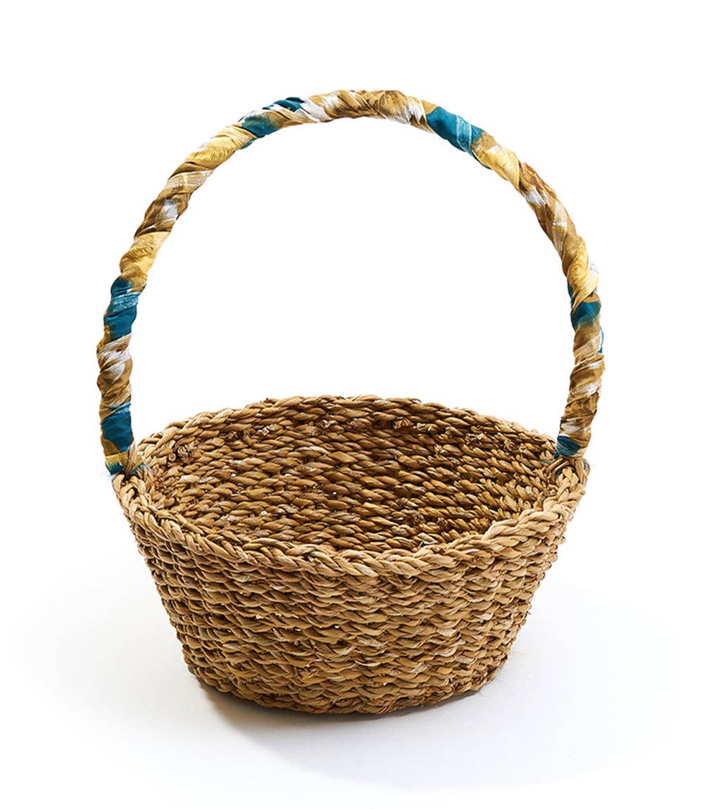 Hand Woven, Upcycled Sari Harvest Long Handle Easter Basket