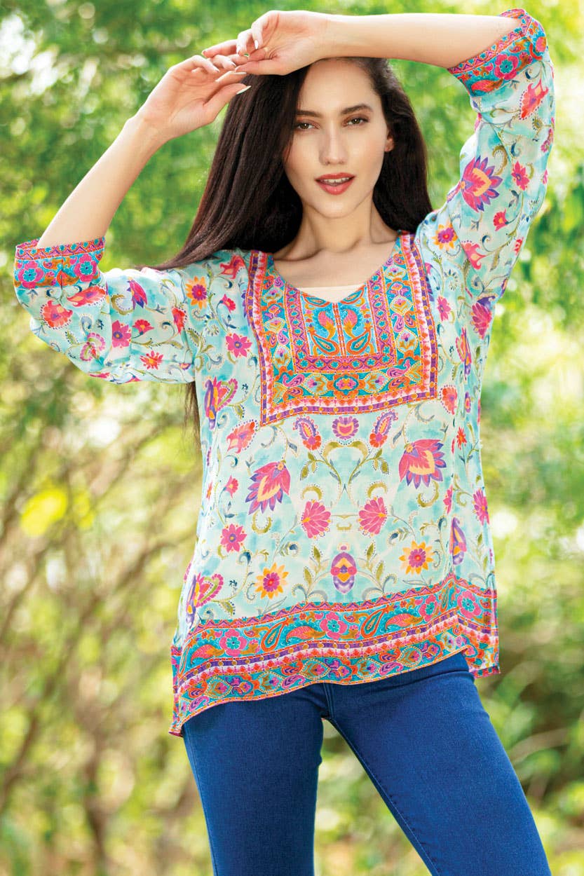 Daya Cupro Tunics : Sky Blue Multi Floral / S/M