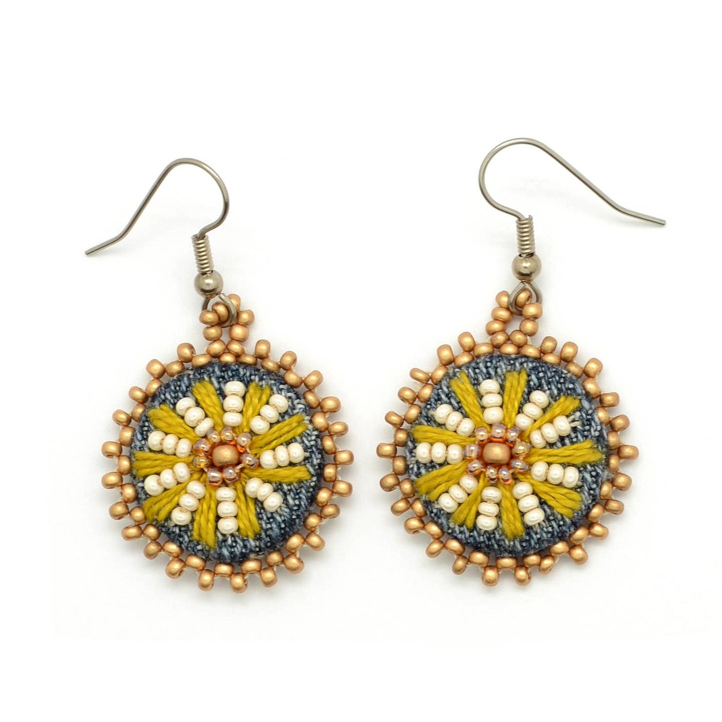 Embroidered & Beaded Denim Flower Dangle Earrings