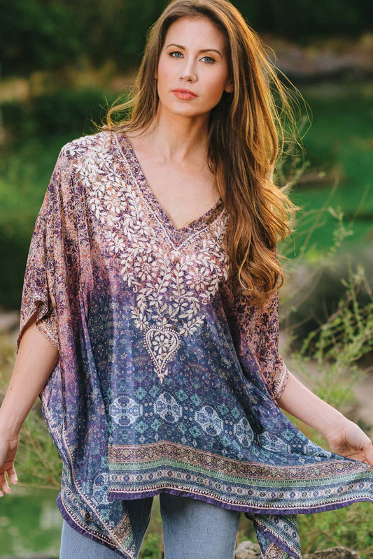 Demira Hand Embroidered Tops: Lavender & Blue