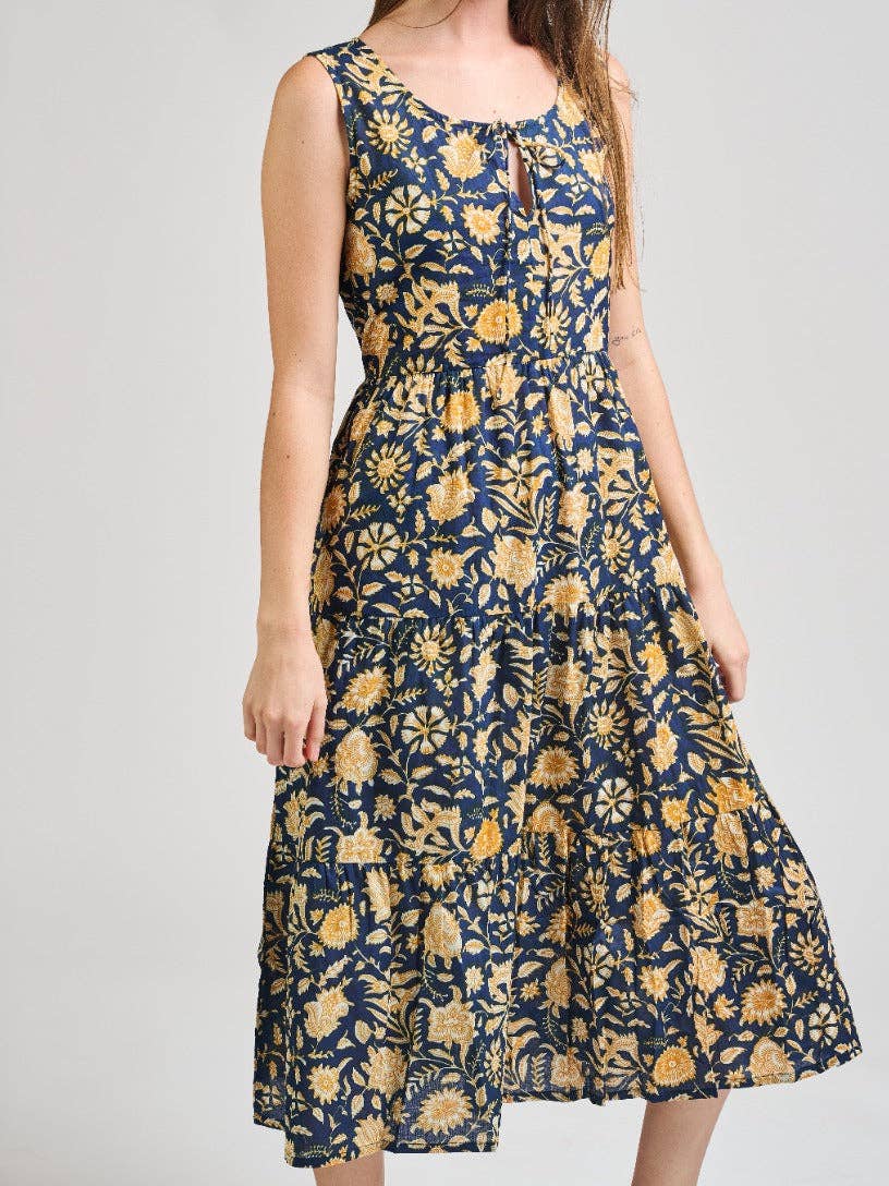 Thais Tiered Sleeveless Dress Navy Botanical