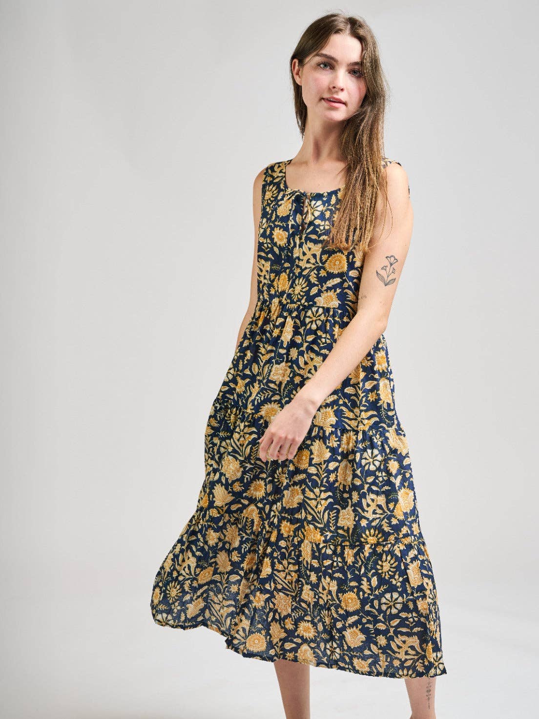 Thais Tiered Sleeveless Dress Navy Botanical
