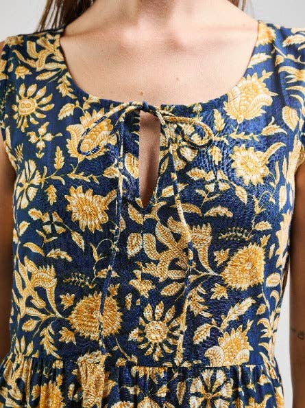 Thais Tiered Sleeveless Dress Navy Botanical