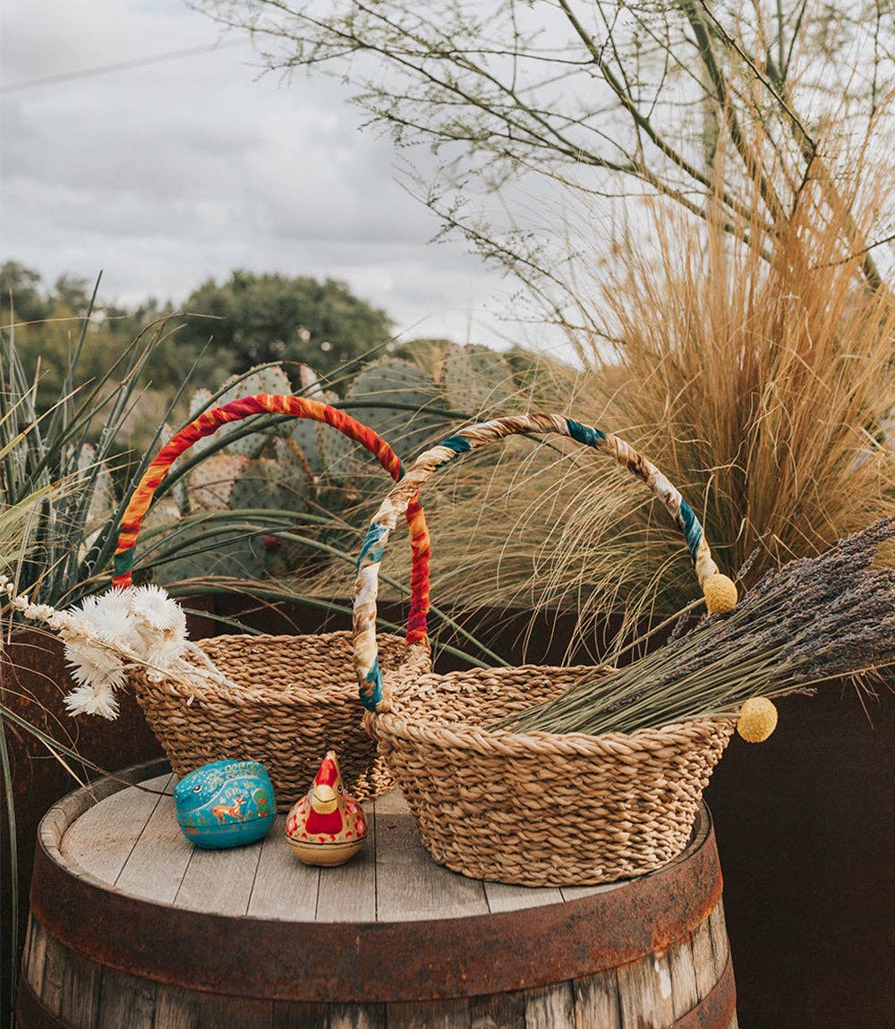 Hand Woven, Upcycled Sari Harvest Long Handle Easter Basket