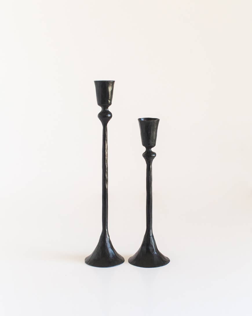 Black Gemini Hand-Forged Iron Candle Stands: Set of 2