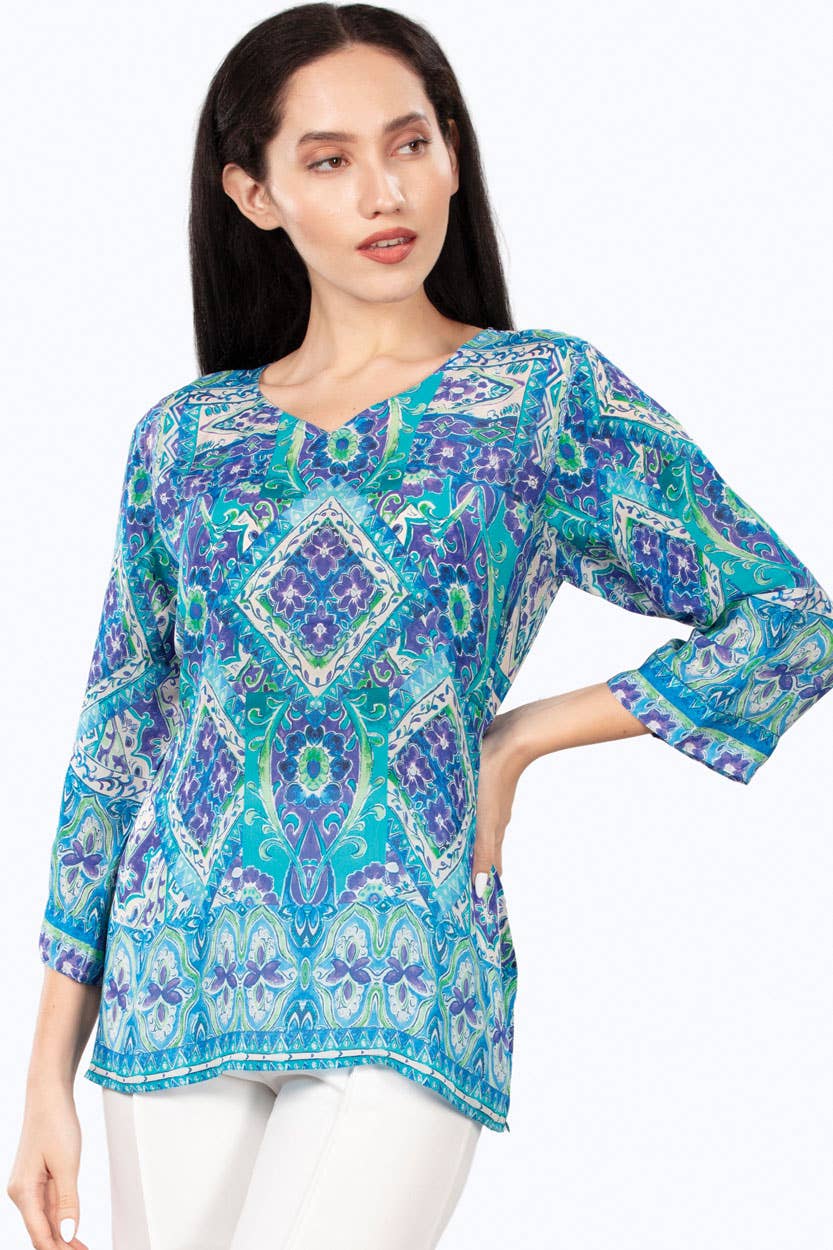 Daya Cupro Tunics : Sky Blue Multi Floral / S/M
