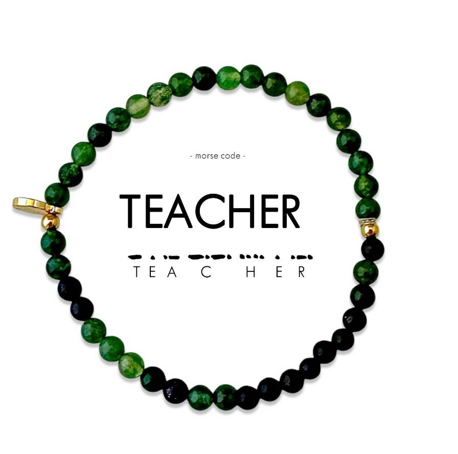 TEACHER Morse Code Bracelet in Moss Agate & Blue Sandstone