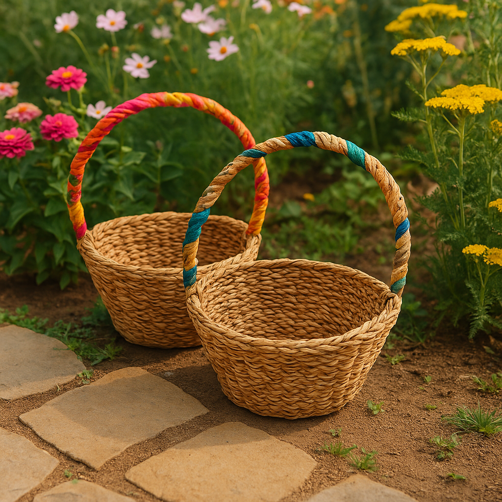 Hand Woven, Upcycled Sari Harvest Long Handle Easter Basket