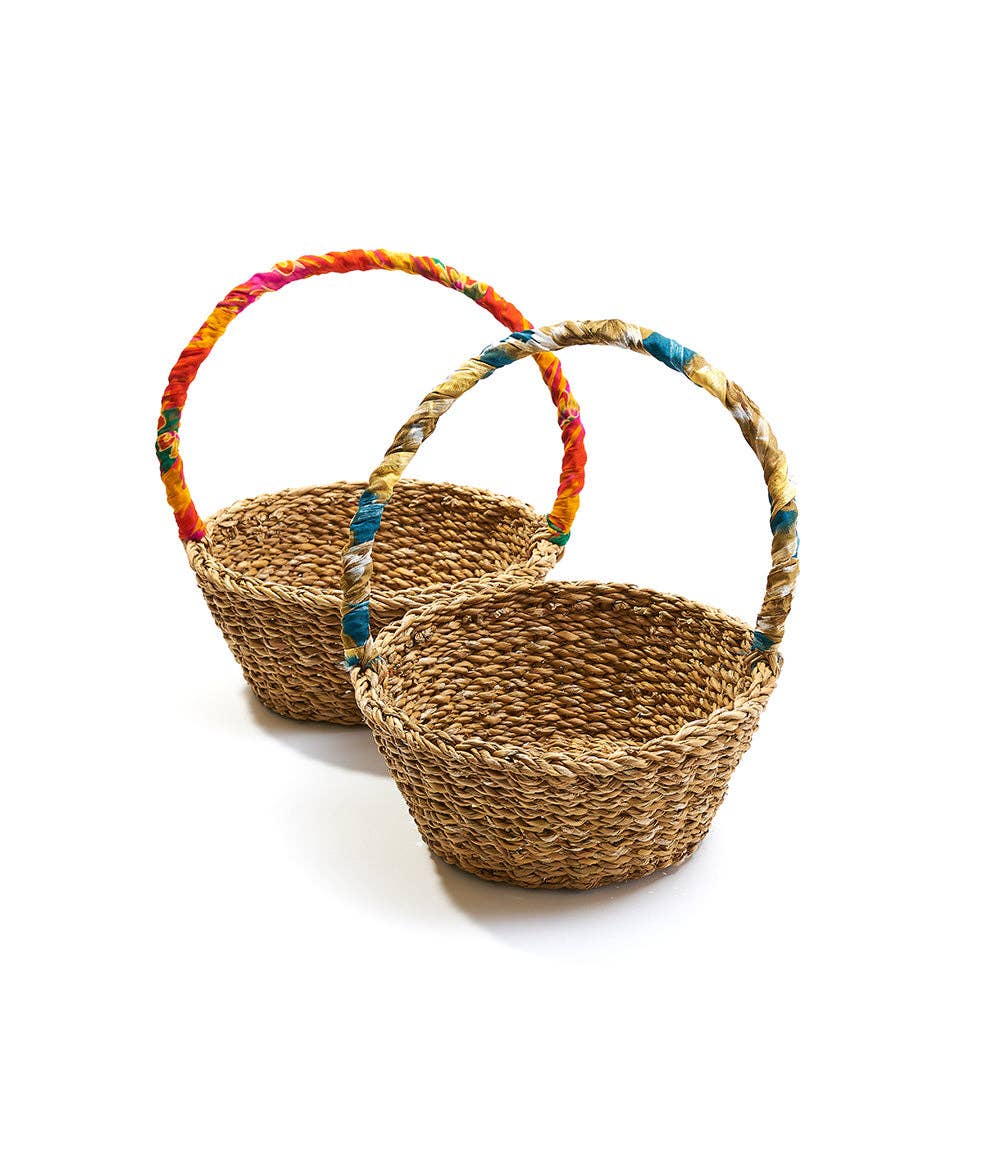 Hand Woven, Upcycled Sari Harvest Long Handle Easter Basket