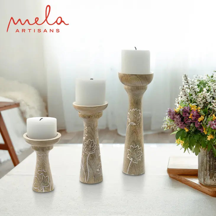 Lotus Vine Whitewashed Candle Holder Set