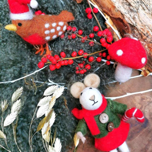 Handmade Felt Biodegradable Christmas Mouse Ornament