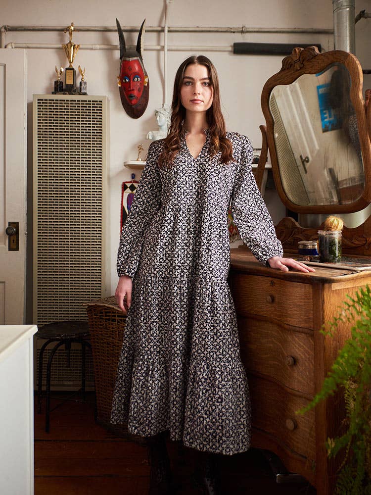 Norah Black Botanical Tiered Dress