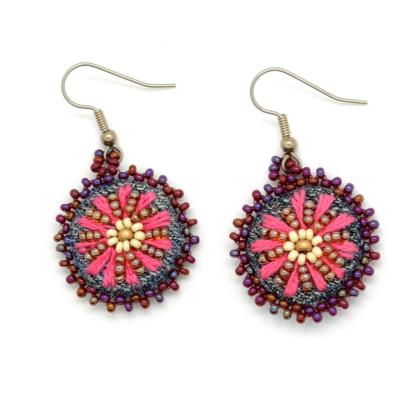 Embroidered & Beaded Denim Flower Dangle Earrings