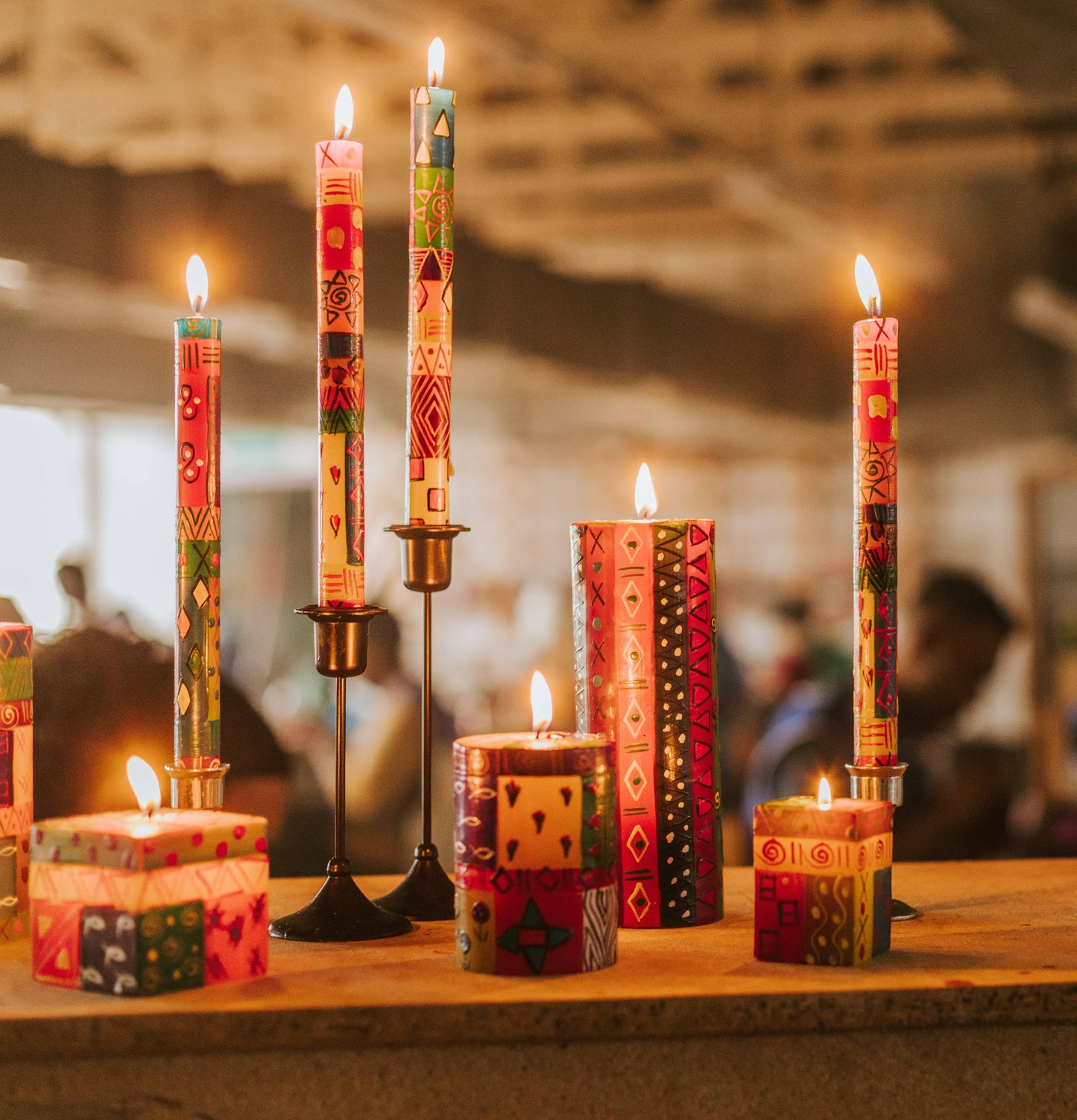 Multi Color Ethnic Small Pillar Candle 3” x 4” (50 hour burn time)