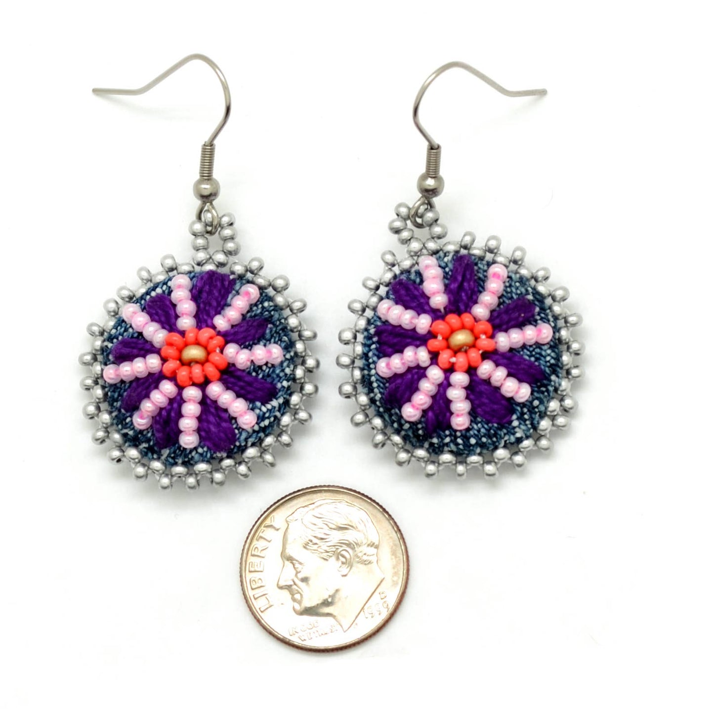 Embroidered & Beaded Denim Flower Dangle Earrings