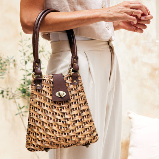 Rattan Handbag with Leather Elbow Strap