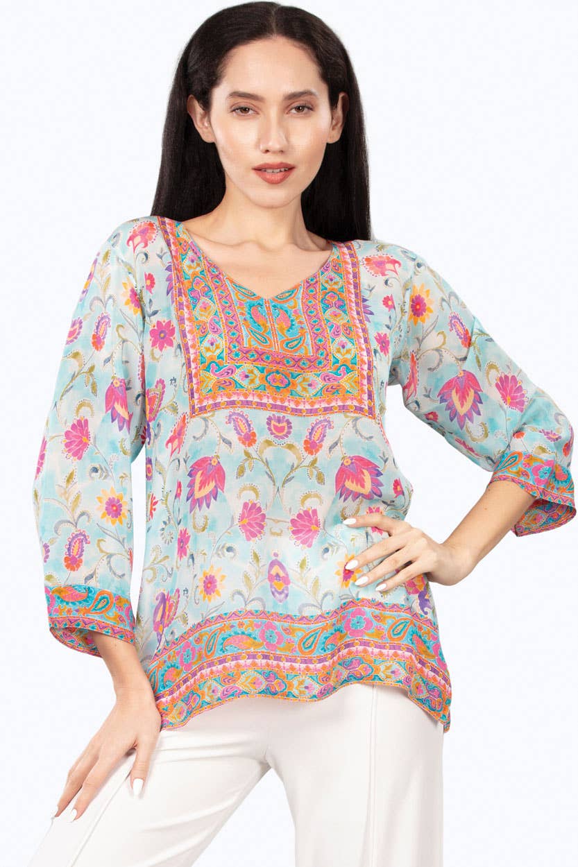 Daya Cupro Tunics : Sky Blue Multi Floral / S/M