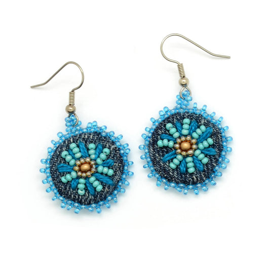Embroidered & Beaded Denim Flower Dangle Earrings