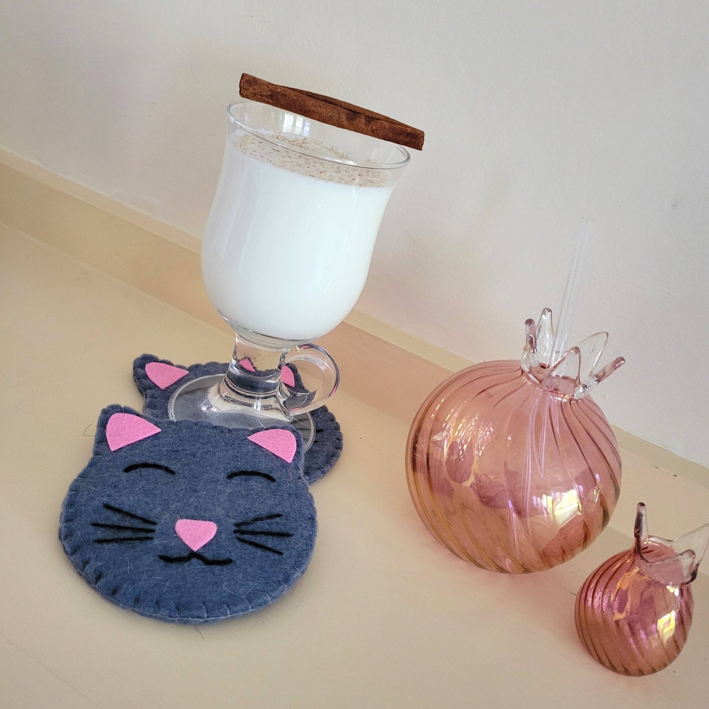 Grey Kitty Cat Felted Wool Drink Coaster