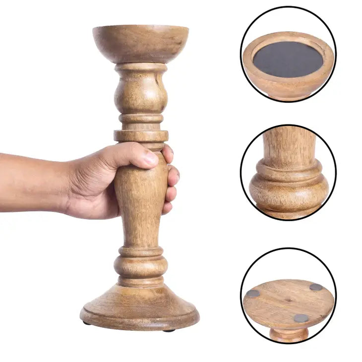 Artisan Handcarved Wooden Candle Holder Set