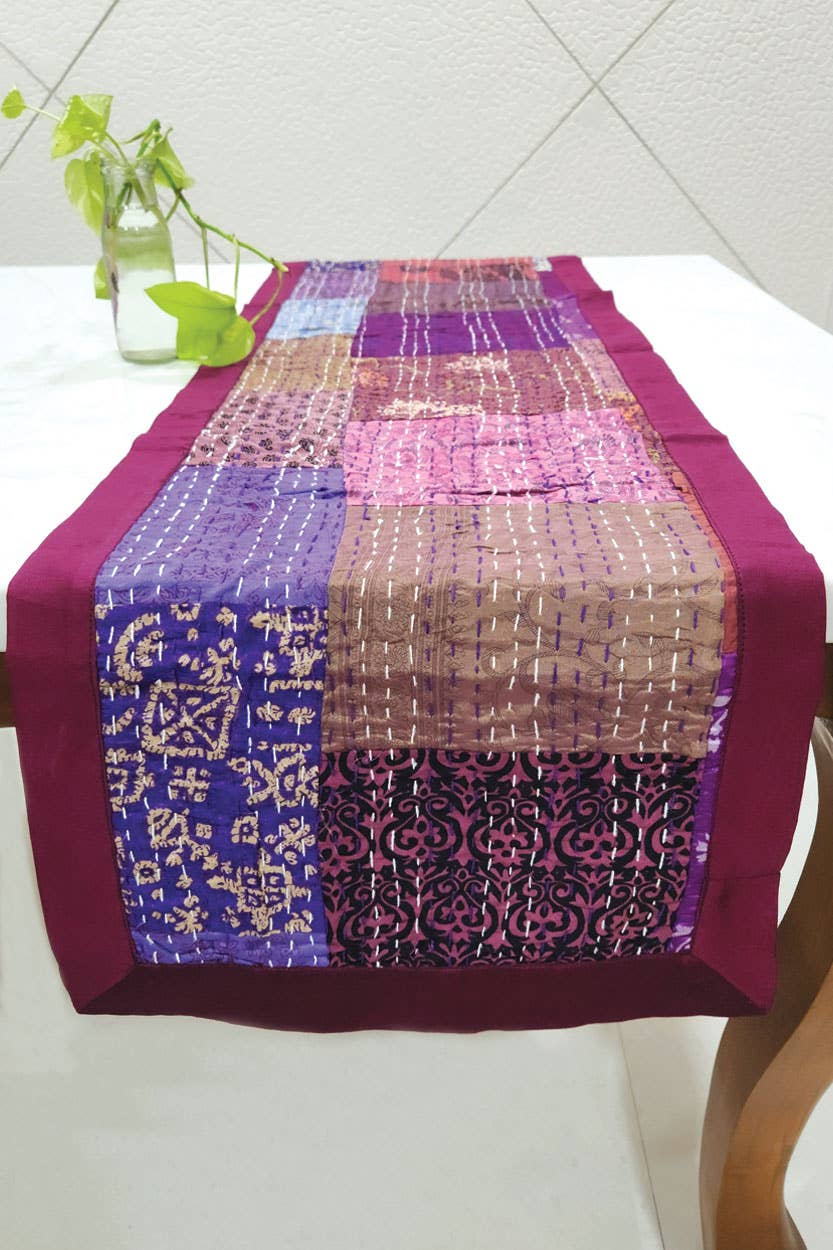 Purple Kantha Silk Table Runner