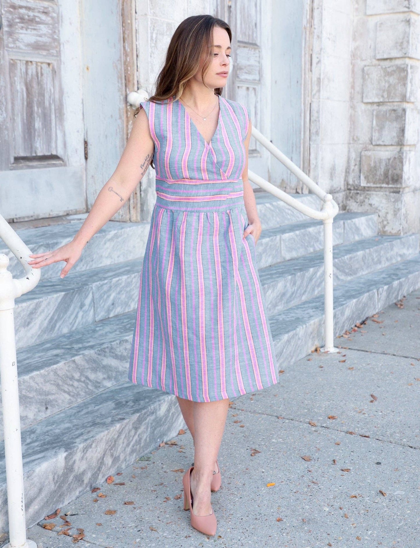 Esplanade Cotton Linen Striped Dress
