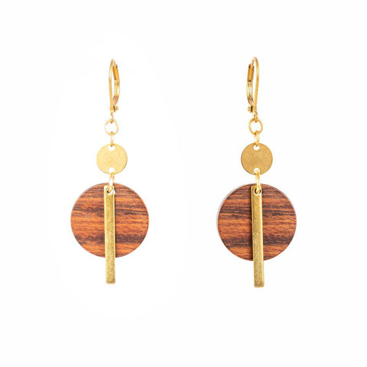 Wood Disc & Brass Bar Earring