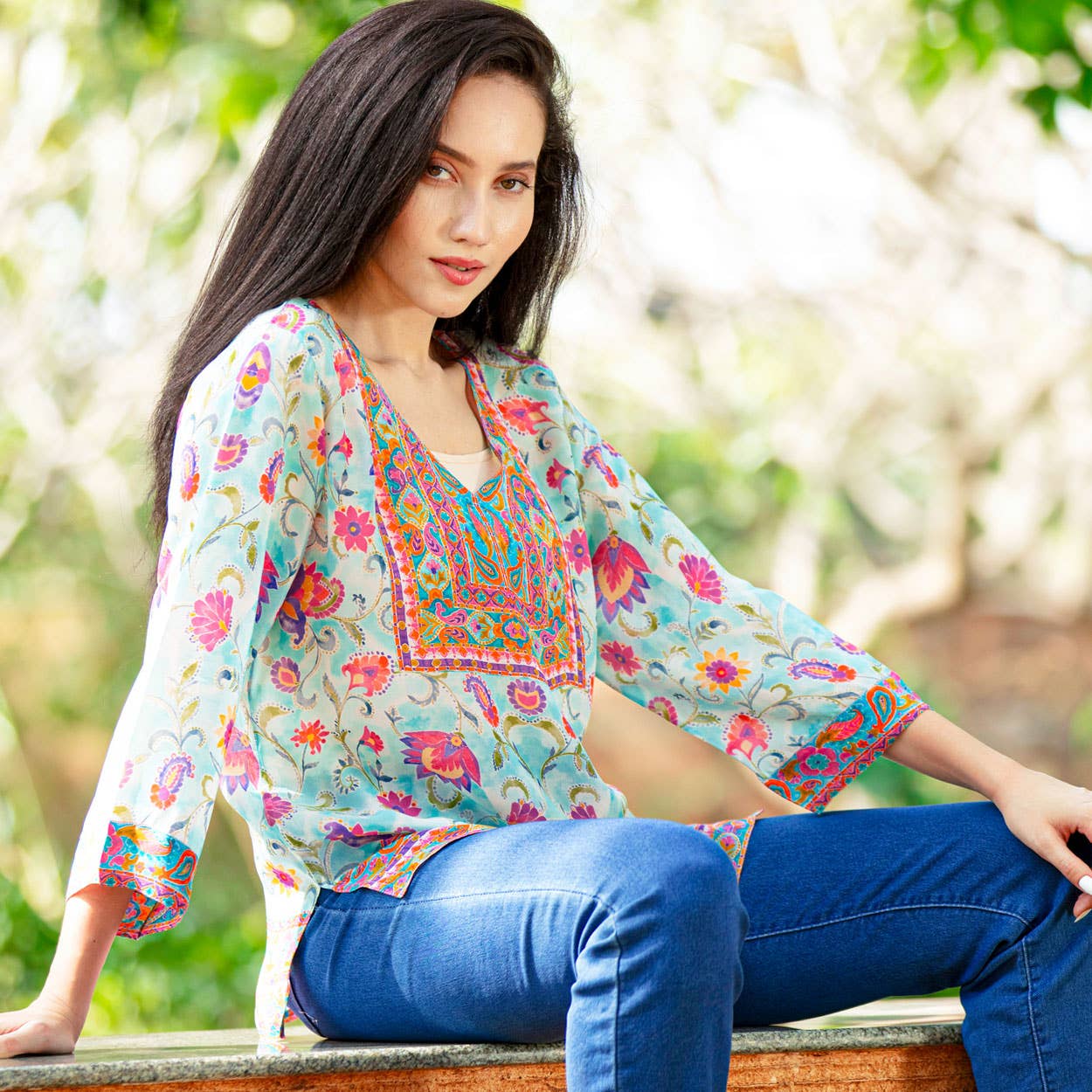 Daya Cupro Tunics : Sky Blue Multi Floral / S/M