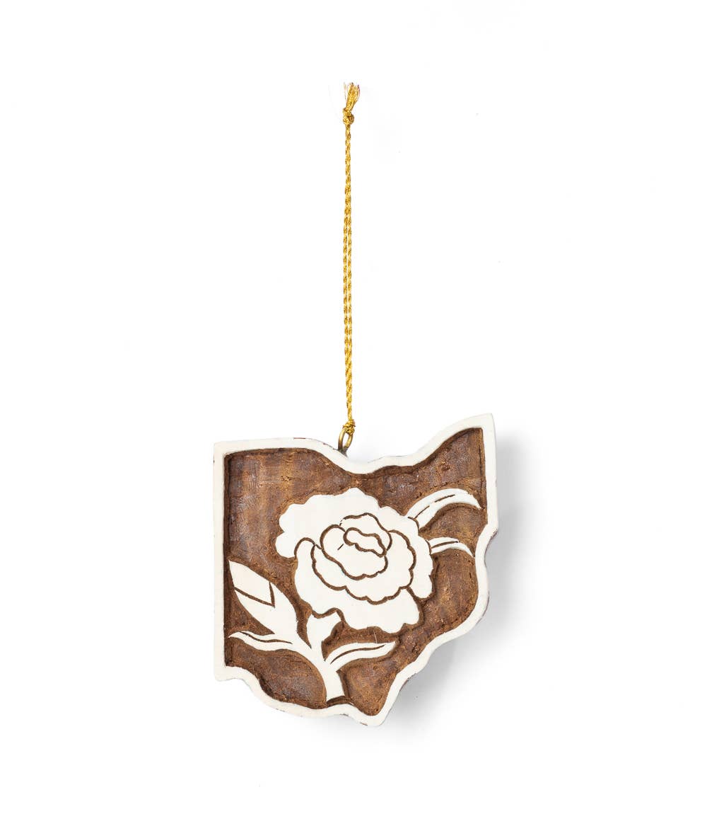 Hand Carved Ohio State Carnation Ornament