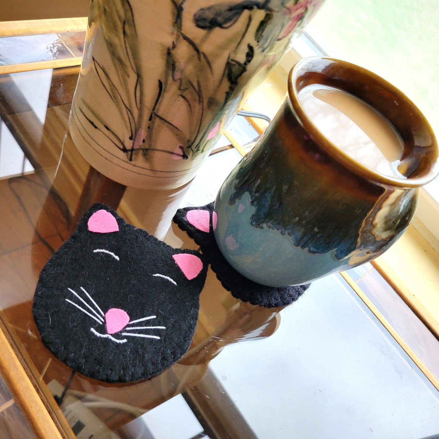 Black Kitty Cat Felted Wool Coaster