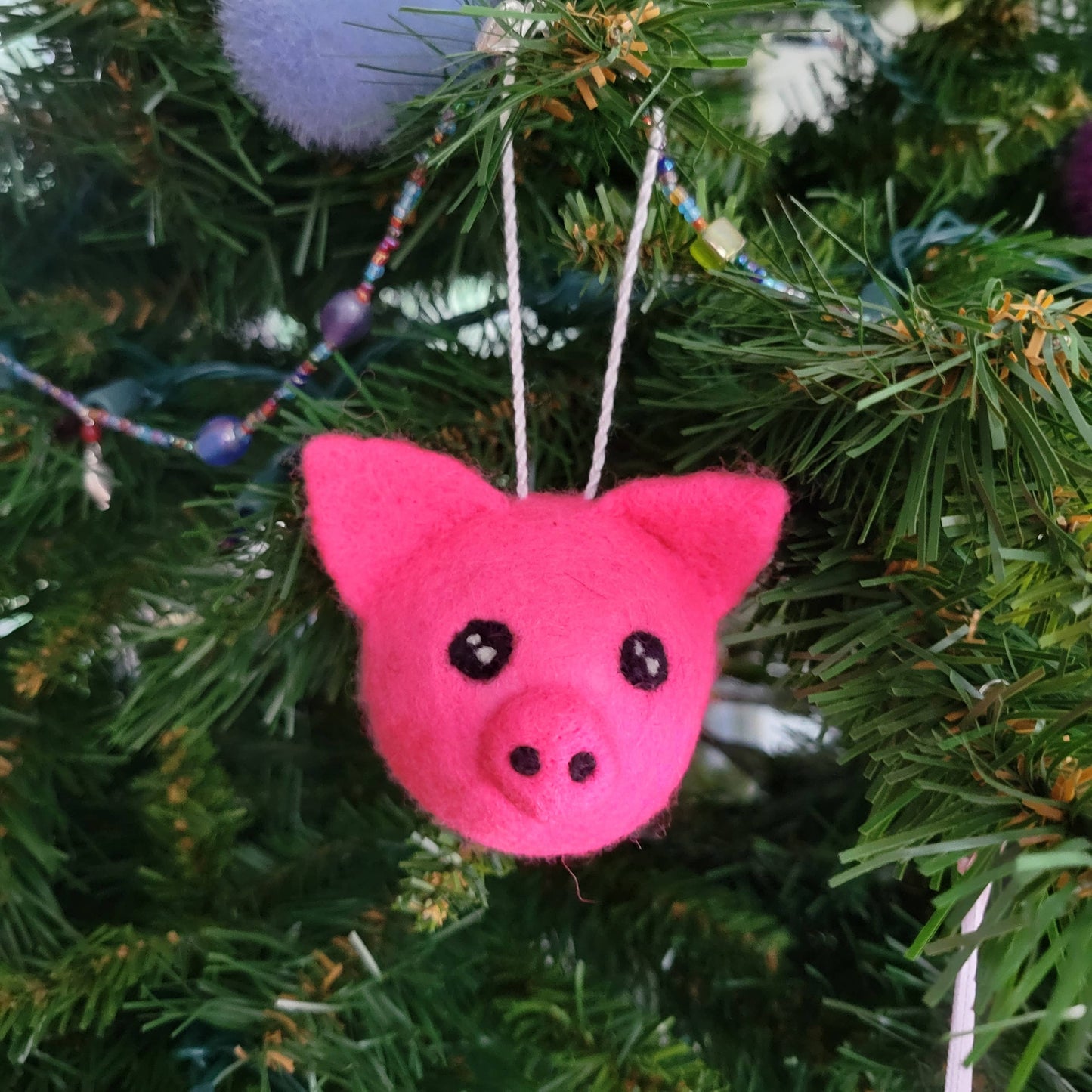 Pig Felted Wool Ball Ornament