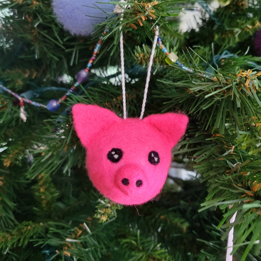 Pig Felted Wool Ball Ornament