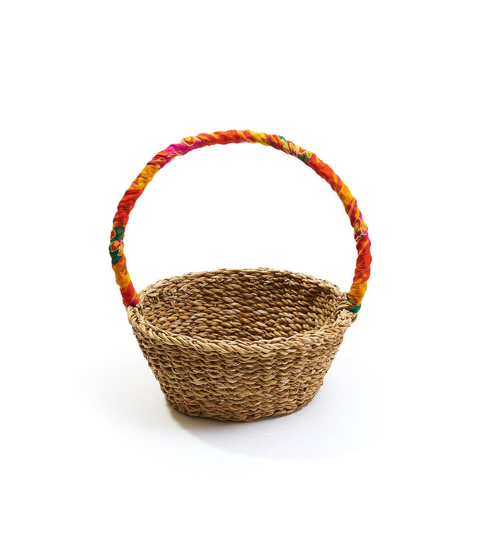 Hand Woven, Upcycled Sari Harvest Long Handle Easter Basket