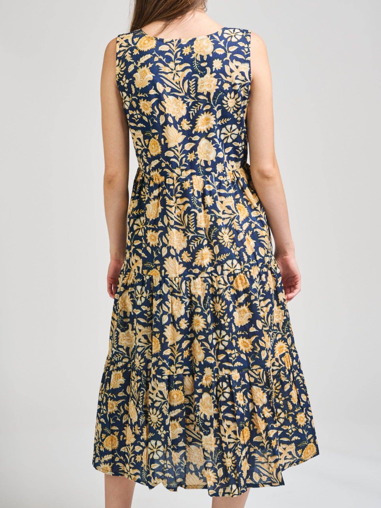 Thais Tiered Sleeveless Dress Navy Botanical