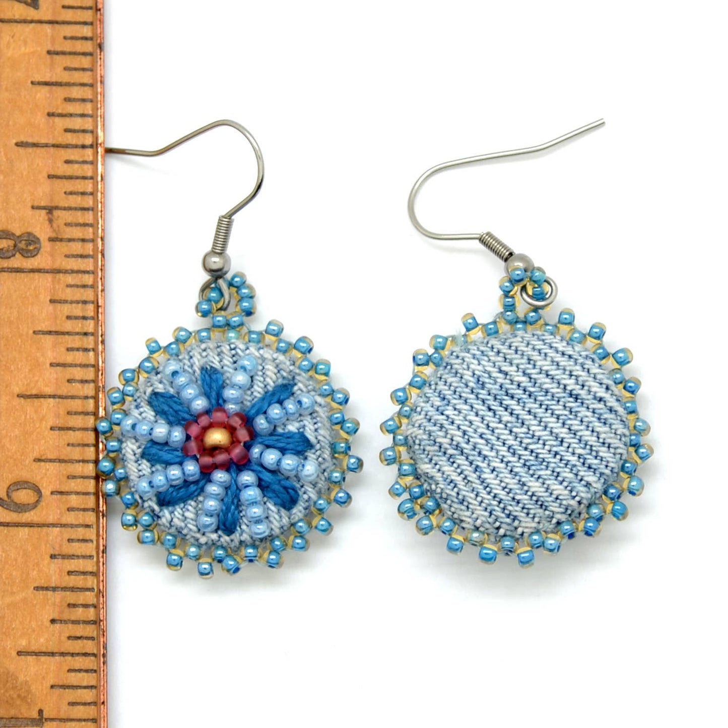 Embroidered & Beaded Denim Flower Dangle Earrings