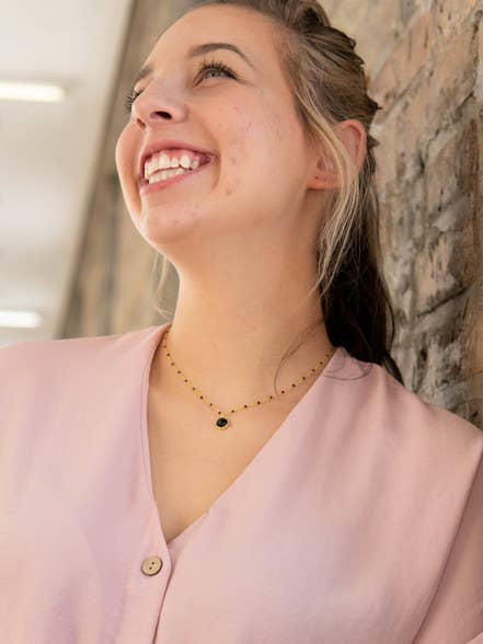 Black Beaded Gold Drop Necklace