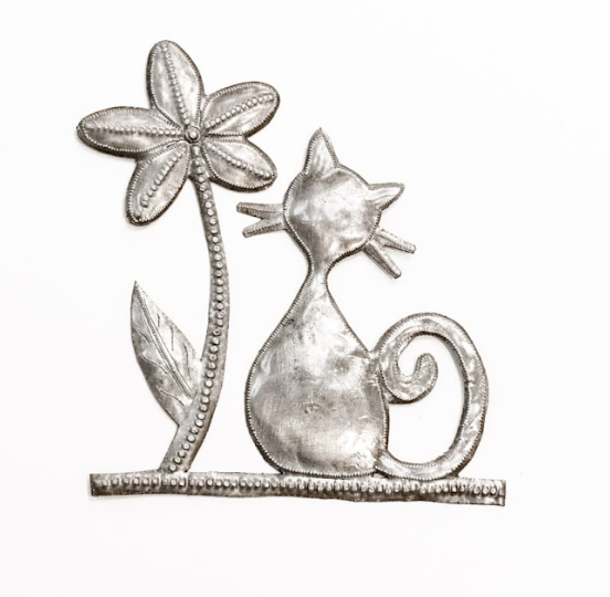 Cat & the Flower Haitian Metal Art