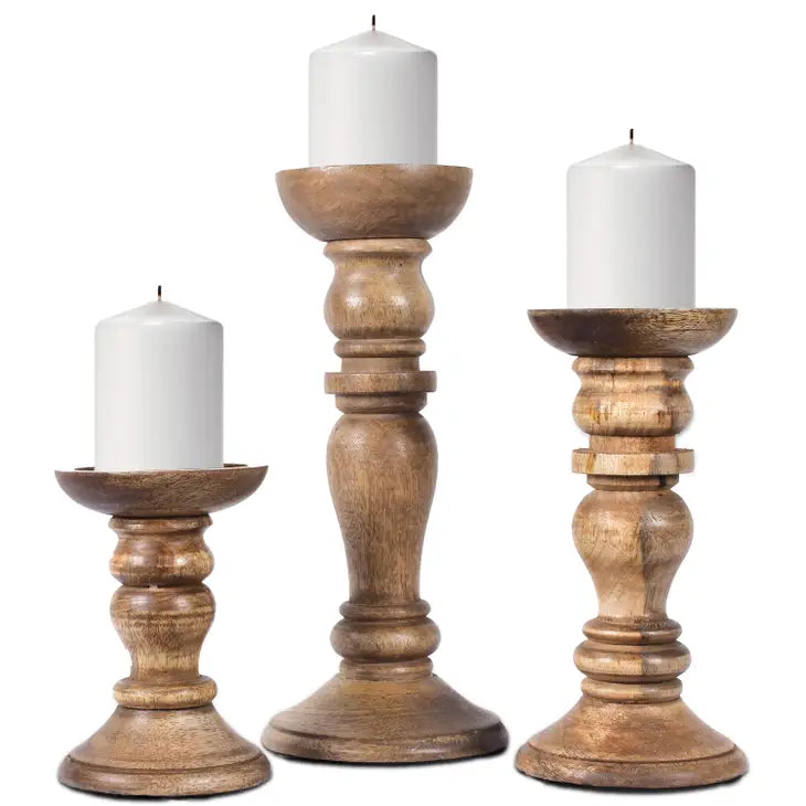 Artisan Handcarved Wooden Candle Holder Set
