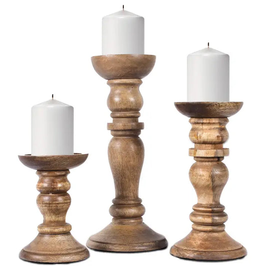 Artisan Handcarved Wooden Candle Holder Set