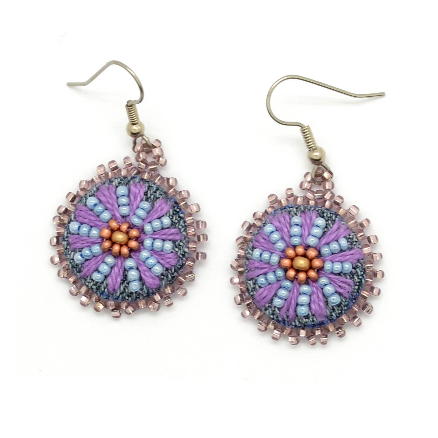 Embroidered & Beaded Denim Flower Dangle Earrings
