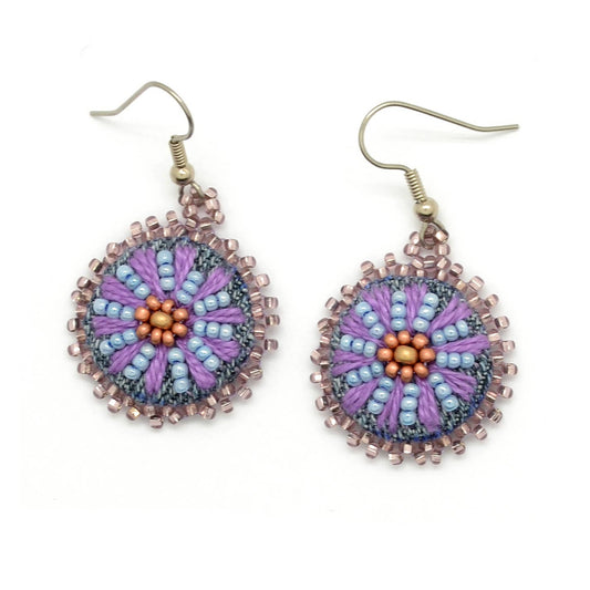 Embroidered & Beaded Denim Flower Dangle Earrings